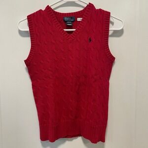 Polo Ralph Lauren Boys Red Cable Knit V-Neck Sweater Vest Size M 10-12 Cotton